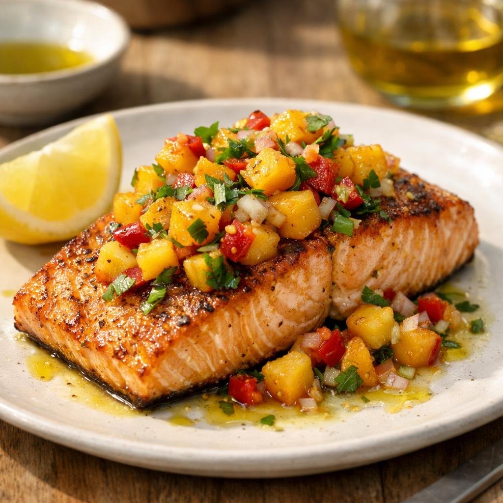 Saumon grillé pêches