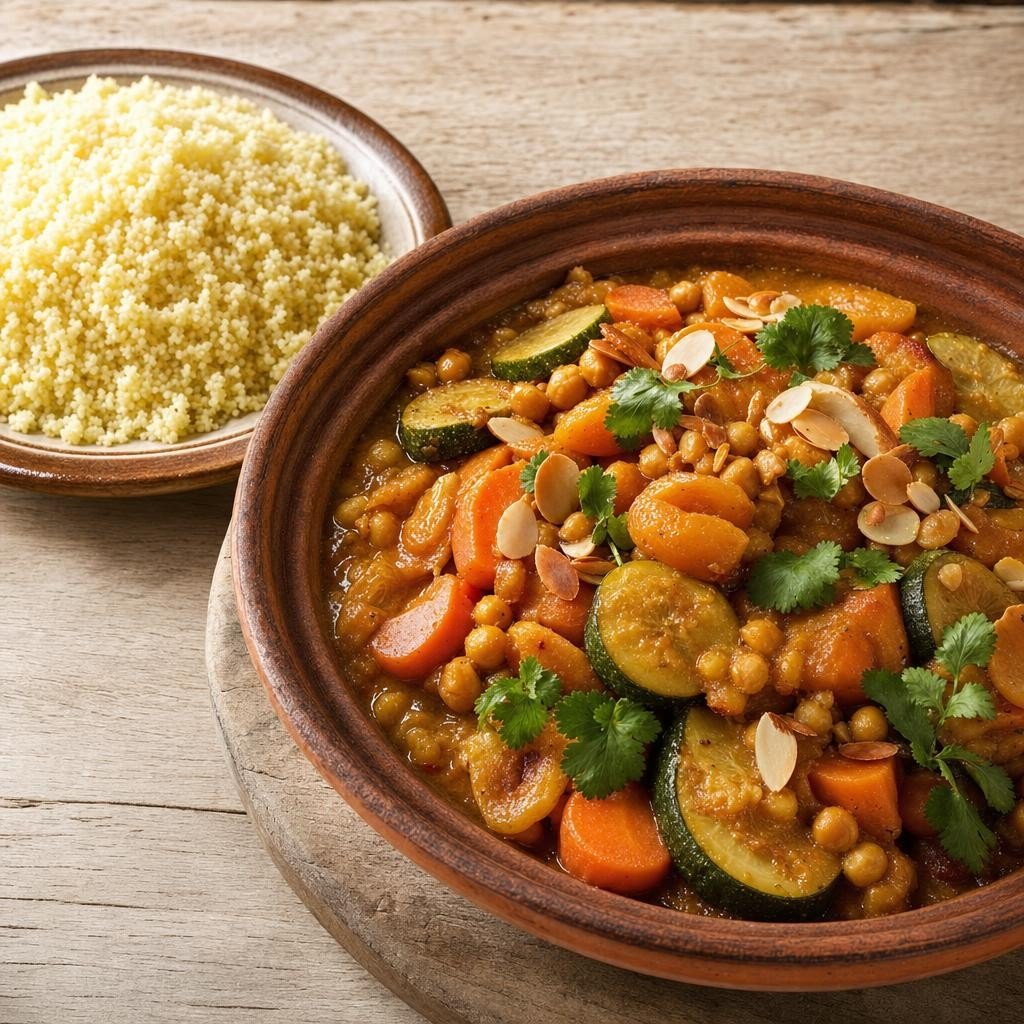 Tajine végétarien aux pois chiches, carottes et abricots avec Tajine
