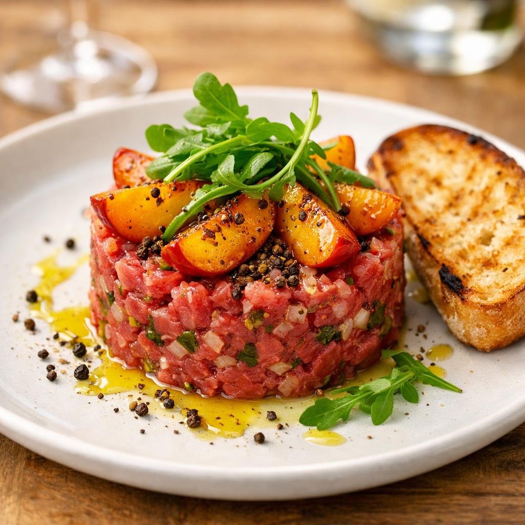 Tartare de bœuf aux pêches