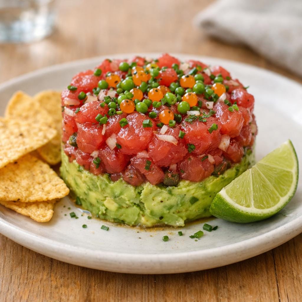 Tartare de thon piquant, avocat & perles de sauce