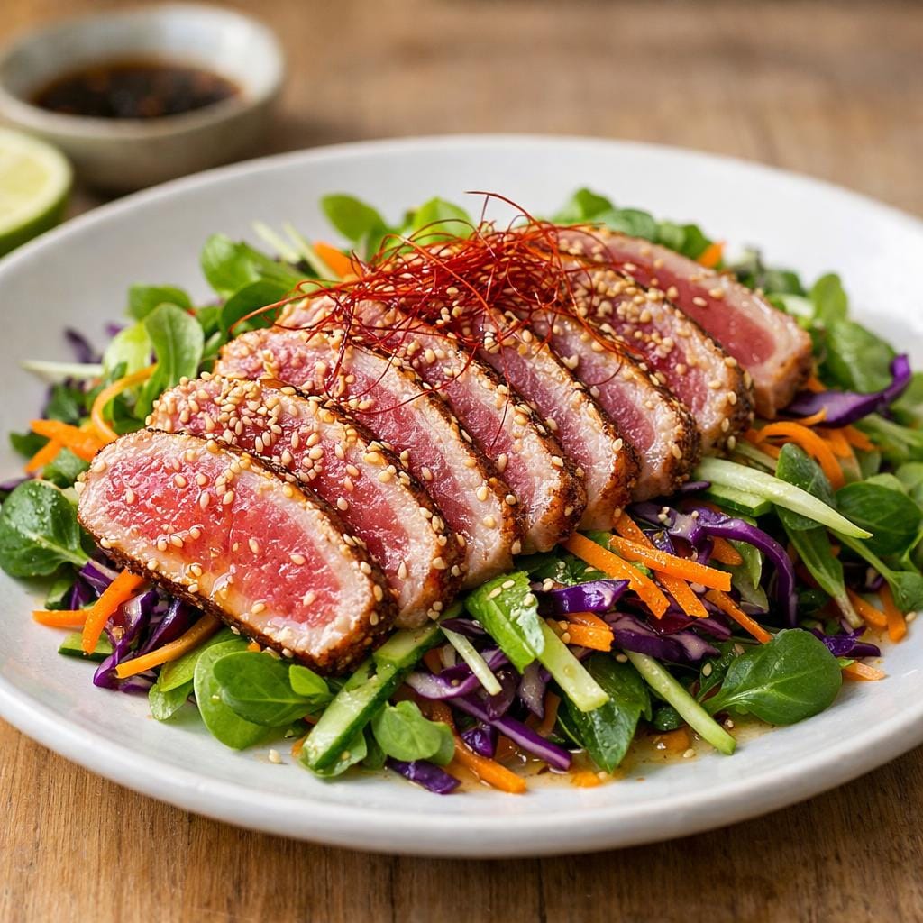 Tataki de thon aux agrumes, salade croquante & Cheveux du diable