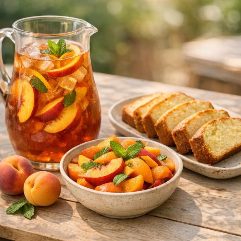 Thé glacé pêche maison, salade & cake aux agrumes avec Thé Glacé Pêche