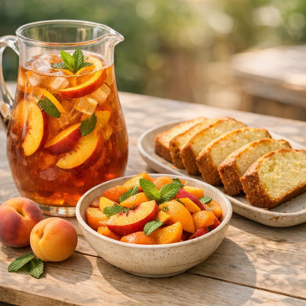 Thé glacé pêche maison, salade & cake aux agrumes avec Thé Glacé Pêche