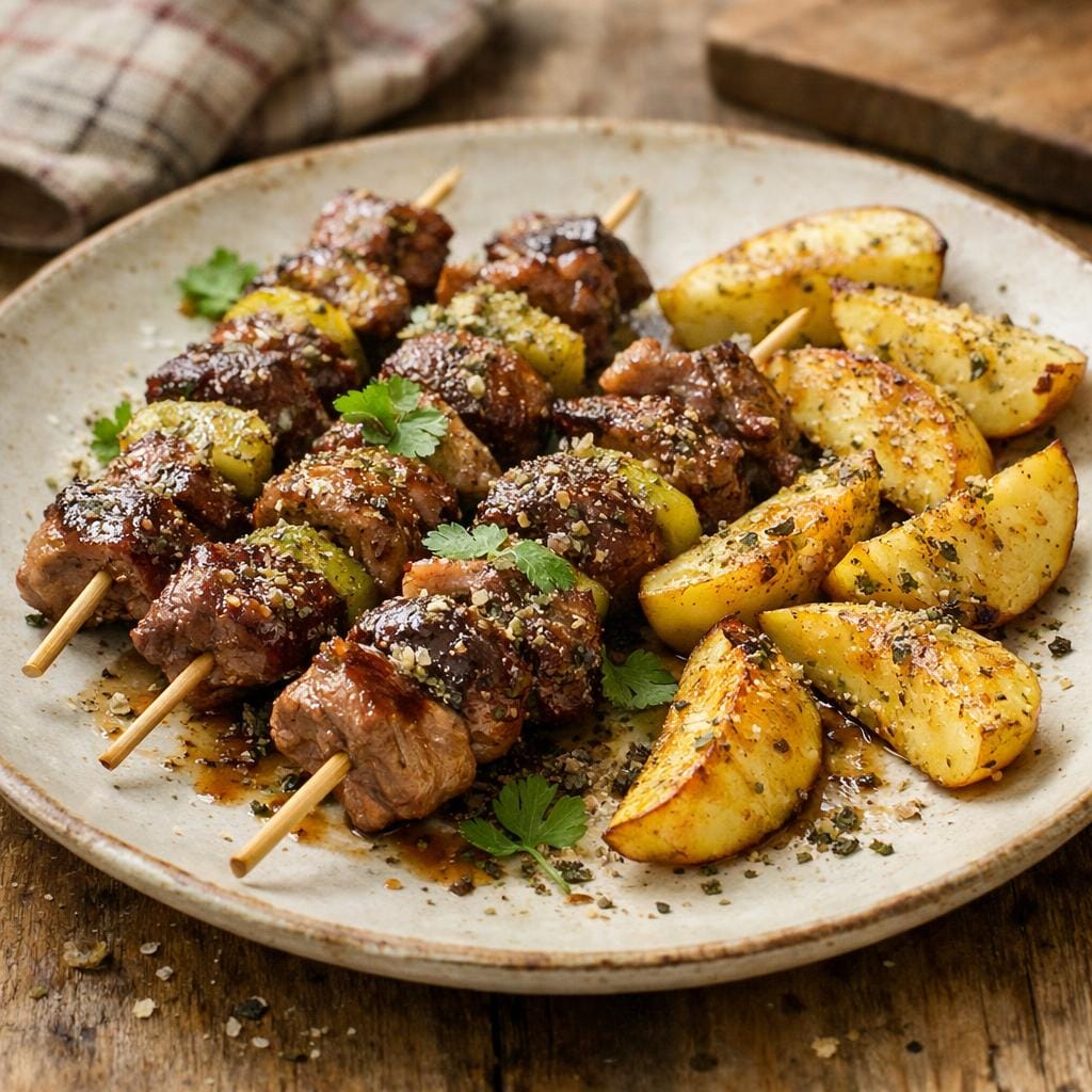 Brochettes de canard aux pommes rôties et sel aromatique Poivre à l&rsquo;Ail