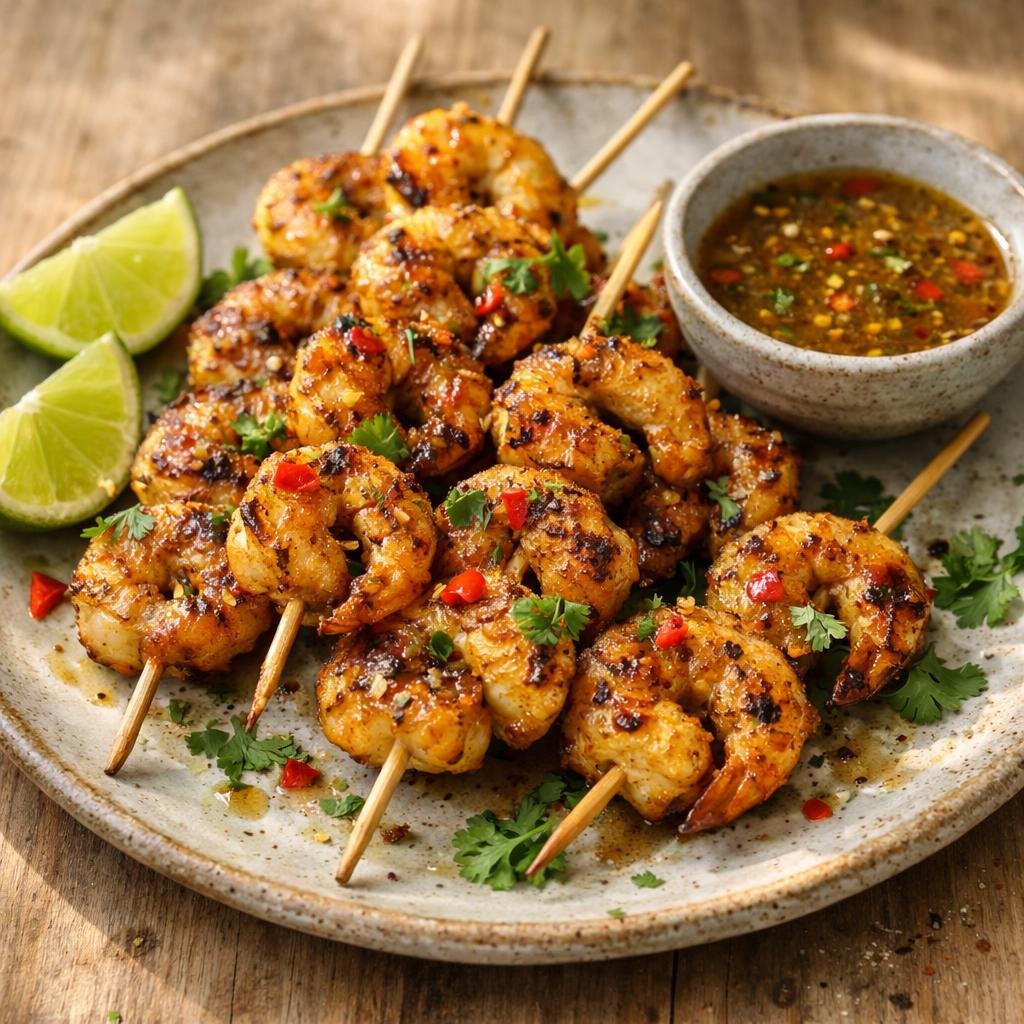 Brochettes de gambas au curry