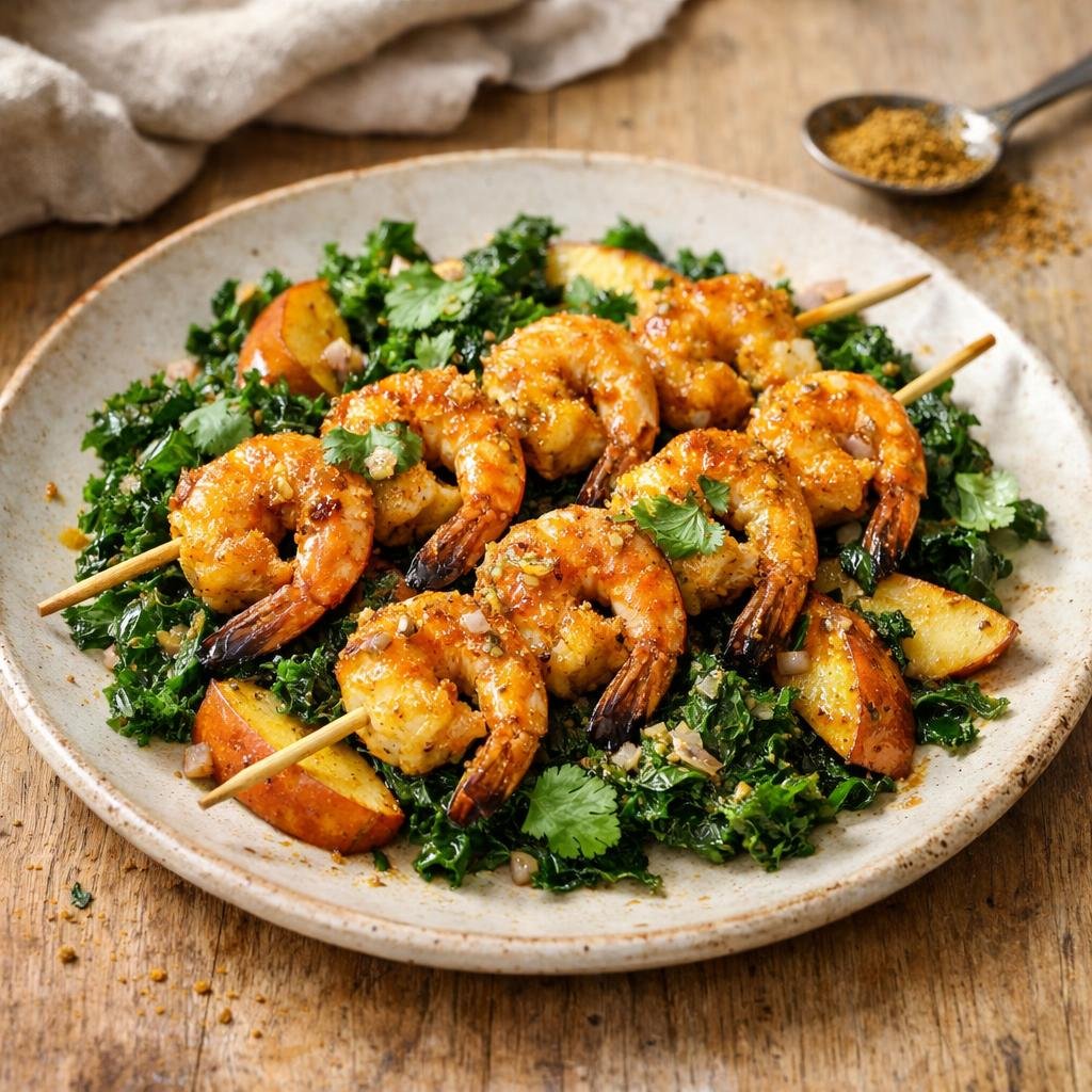 Brochettes de gambas au curry