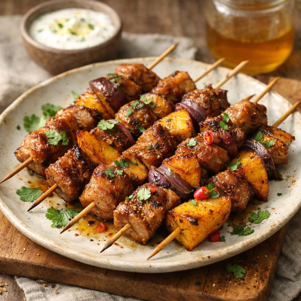 Brochettes de porc et coings