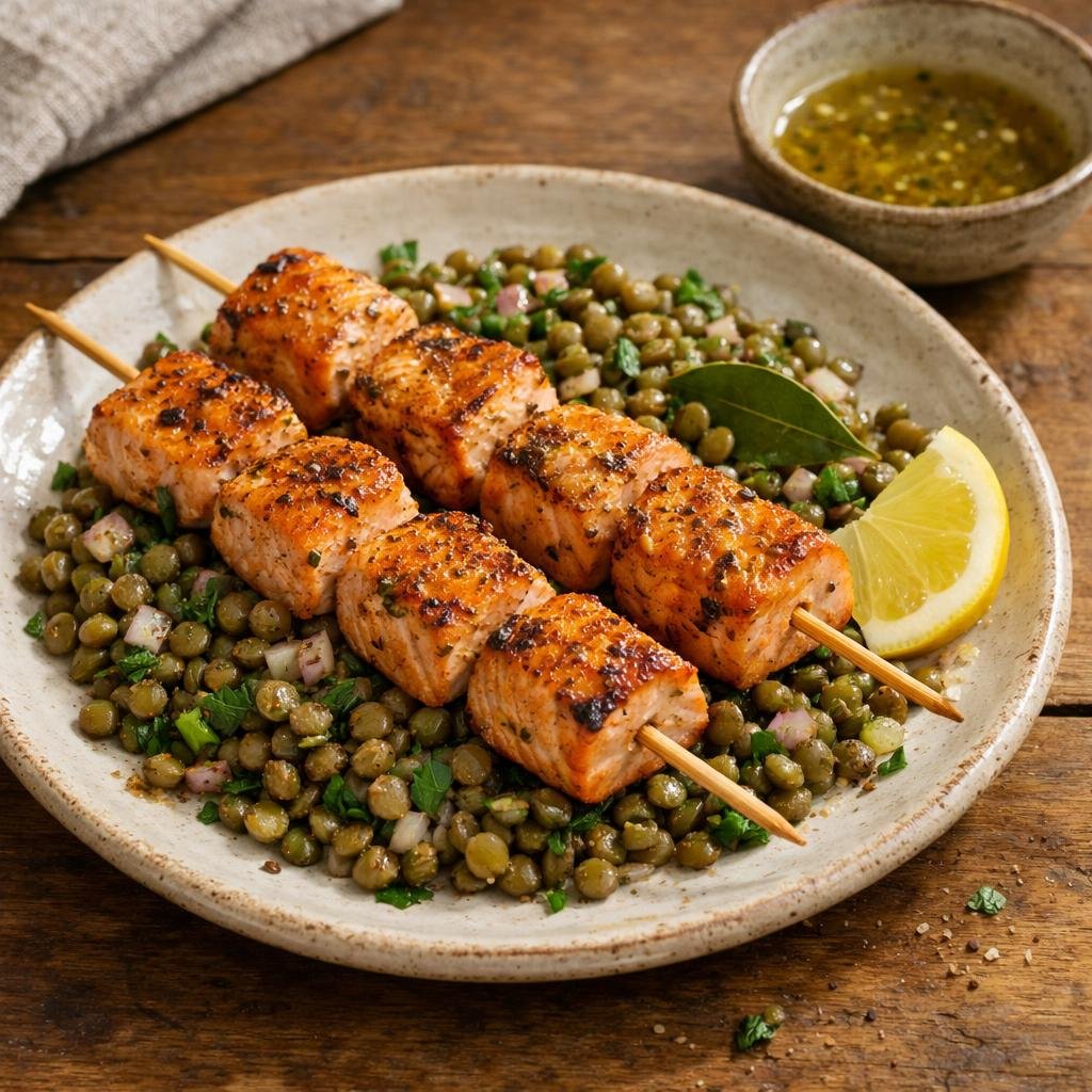 Brochettes de saumon mariné