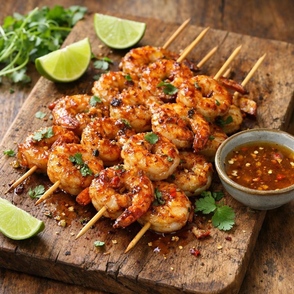 brochettes gambas caramélisées