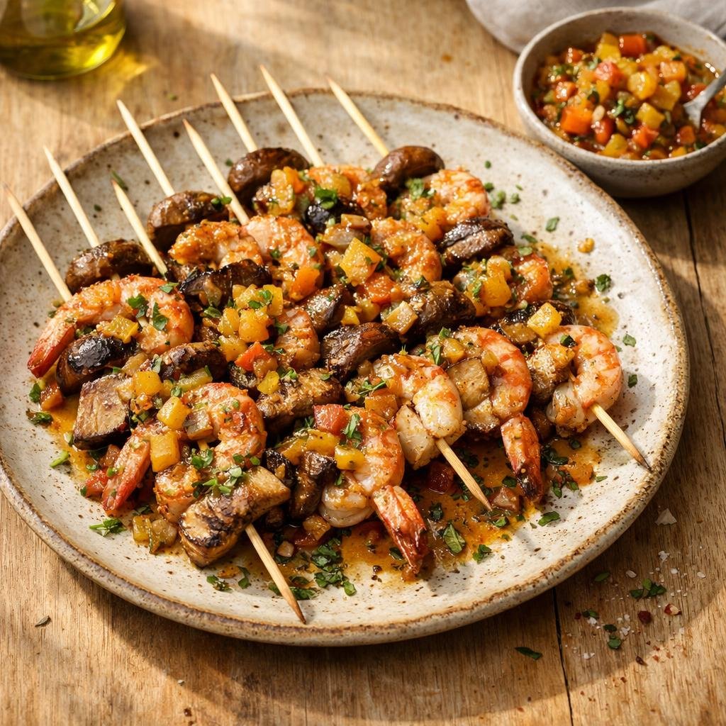 brochettes gambas champignons