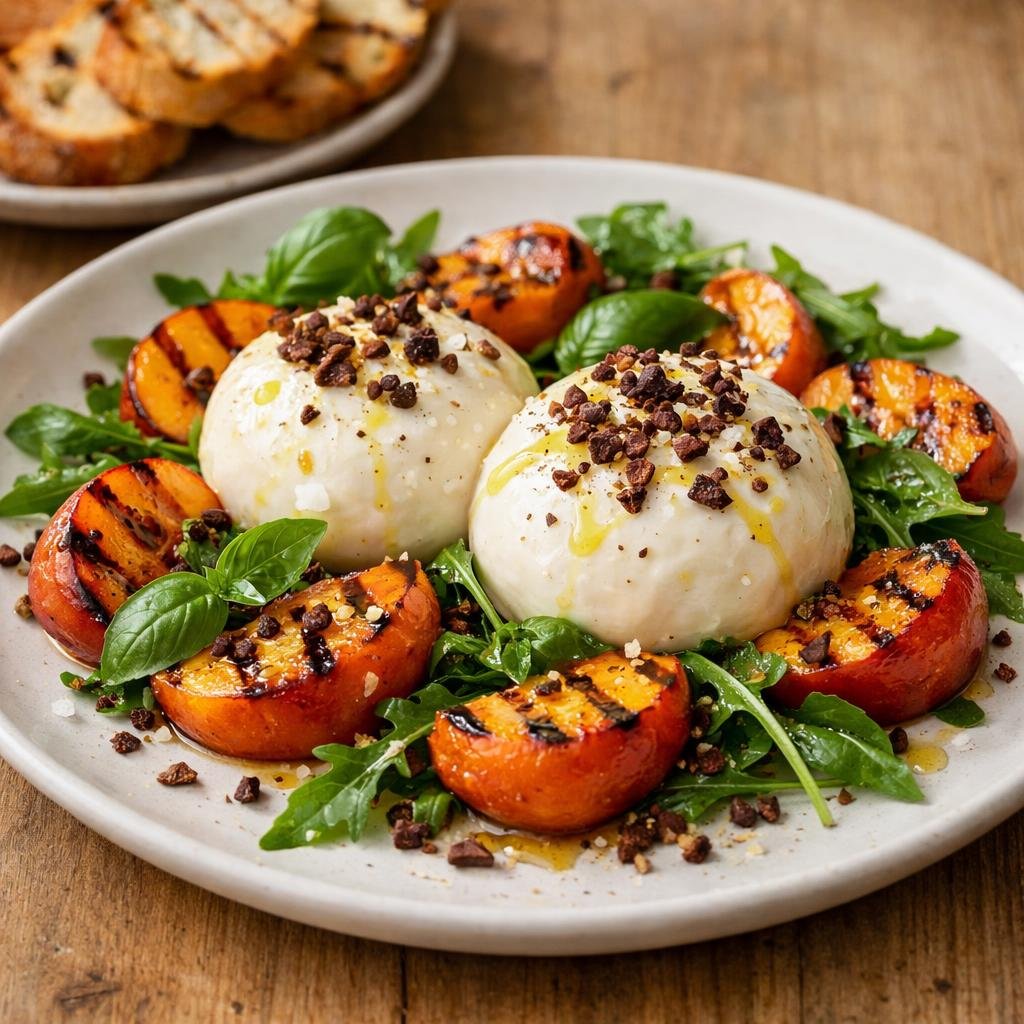 Burrata grillée pêches rôties