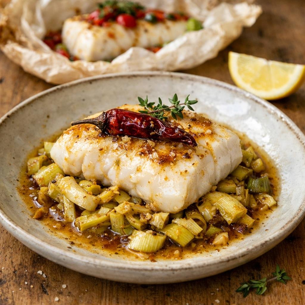 Cabillaud en papillote pimientos