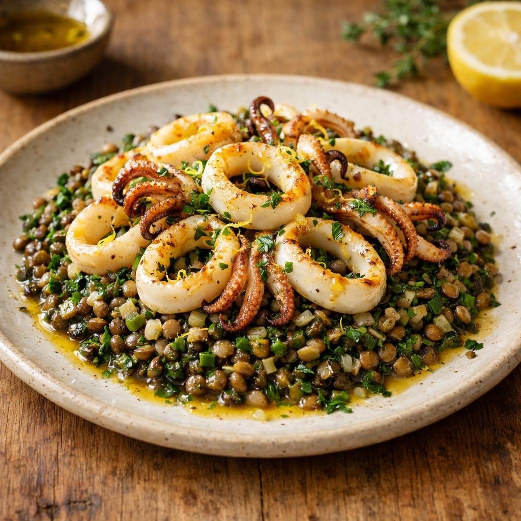 calamars grillés lentilles