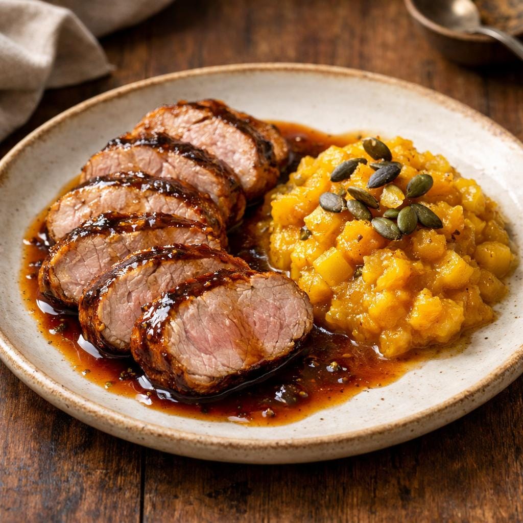 Filet de porc rôti, compote potiron‑pomme et jus épicé
