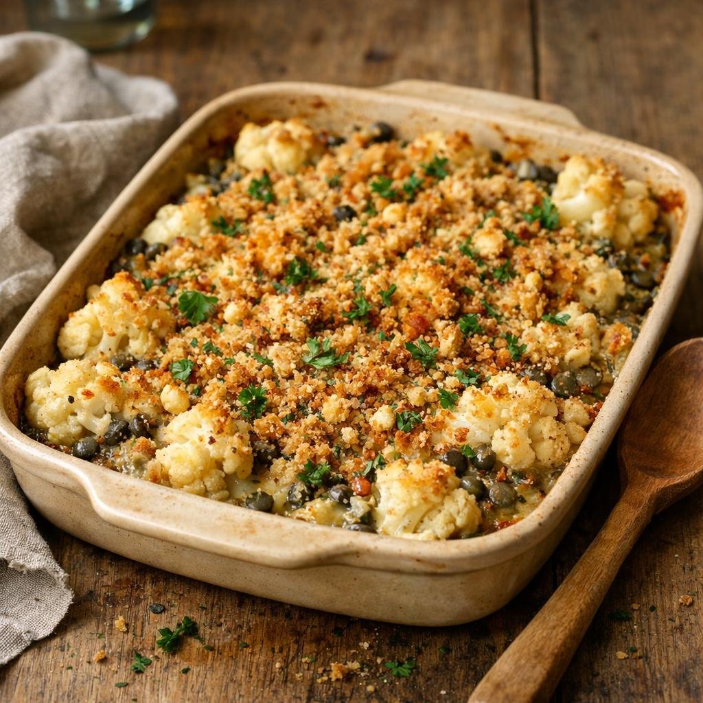 Gratin chou‑fleur lentilles
