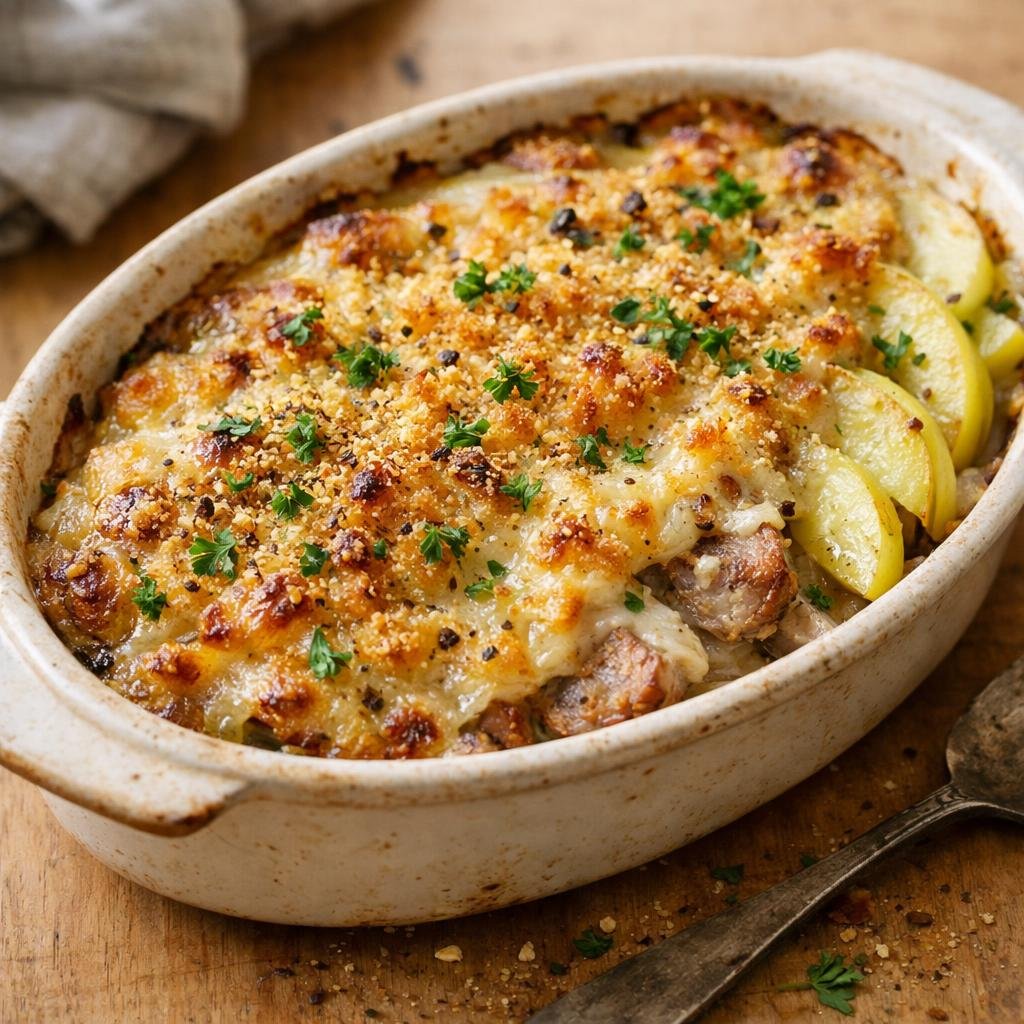 Gratin de porc poivre ail