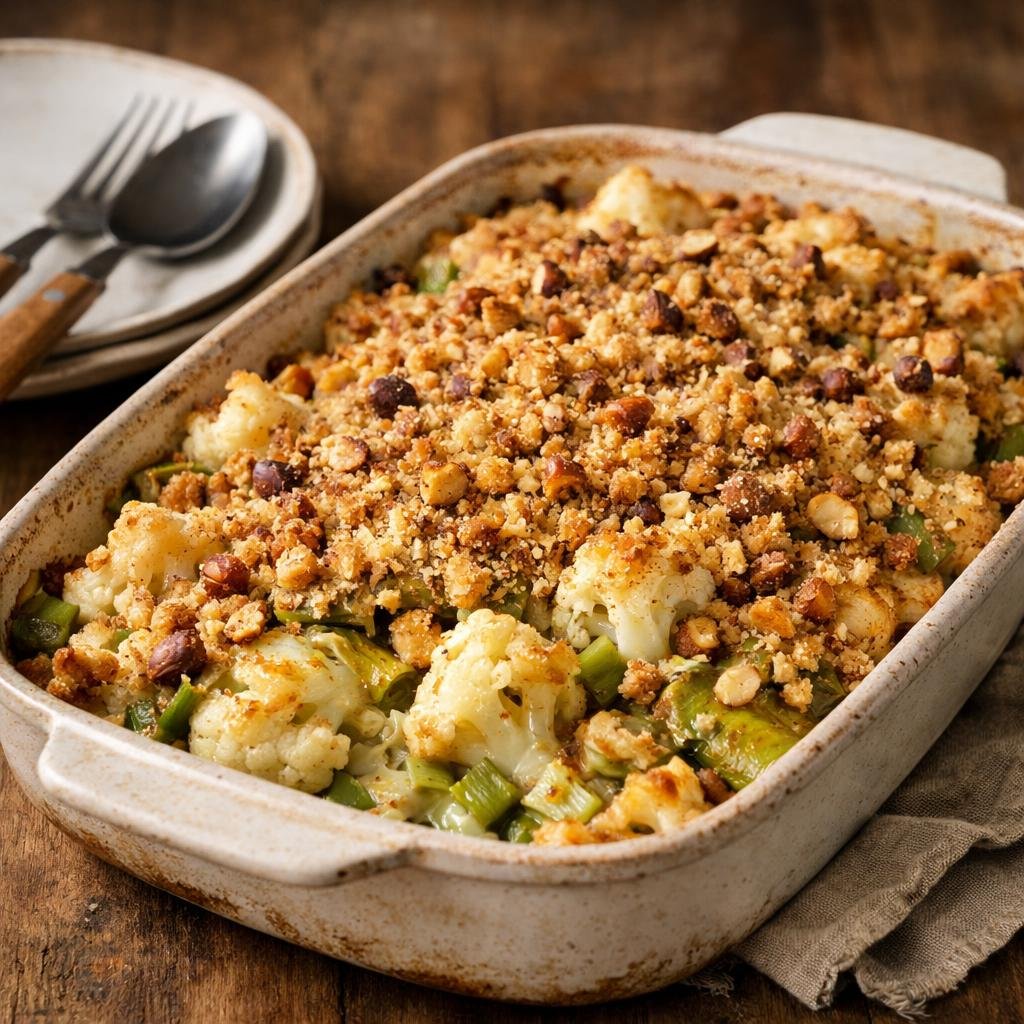 gratin chou‑fleur poireaux
