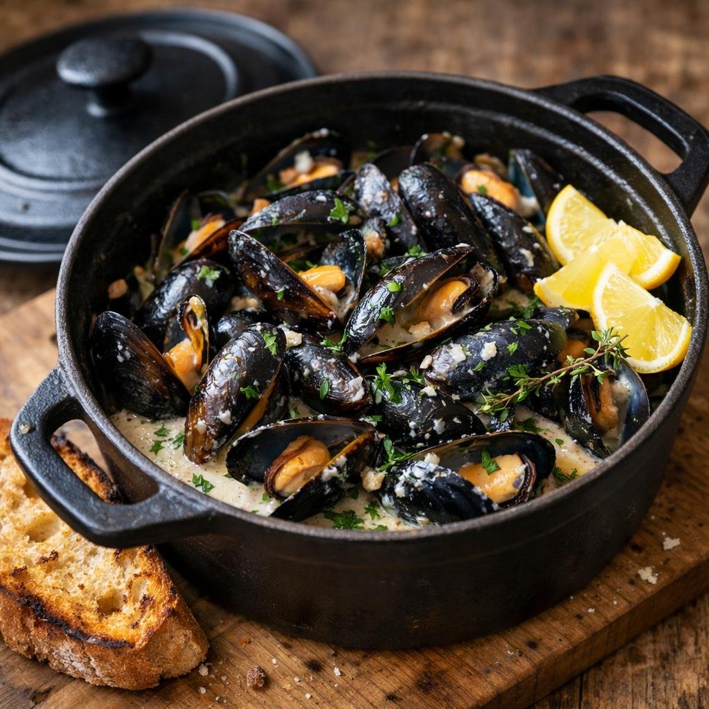 Moules au cidre et ail noir