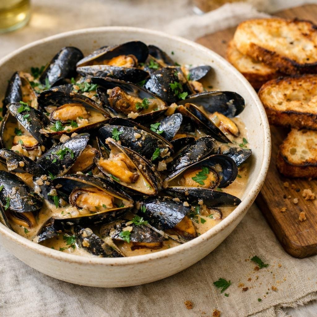 Moules au cidre et pain d'épices