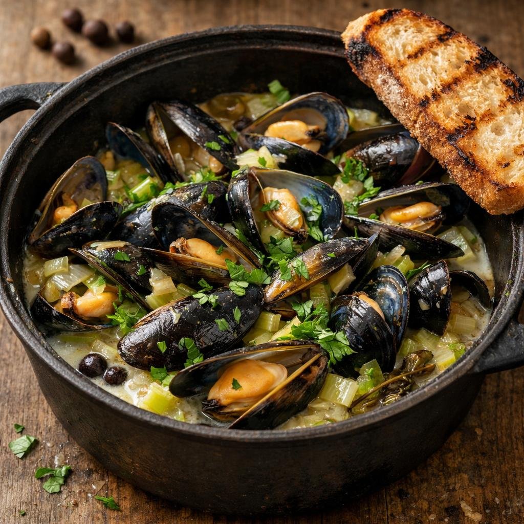 Moules au cidre et poireaux