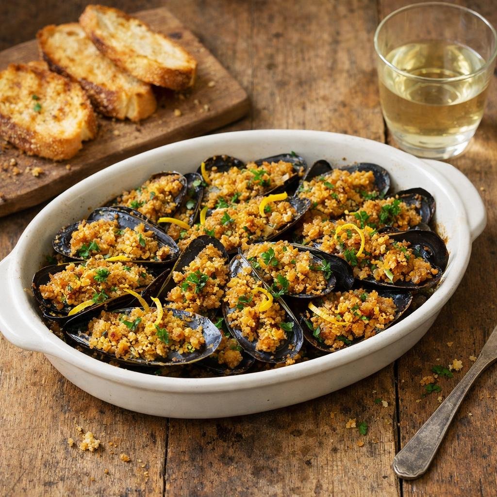Moules gratinées au crumble