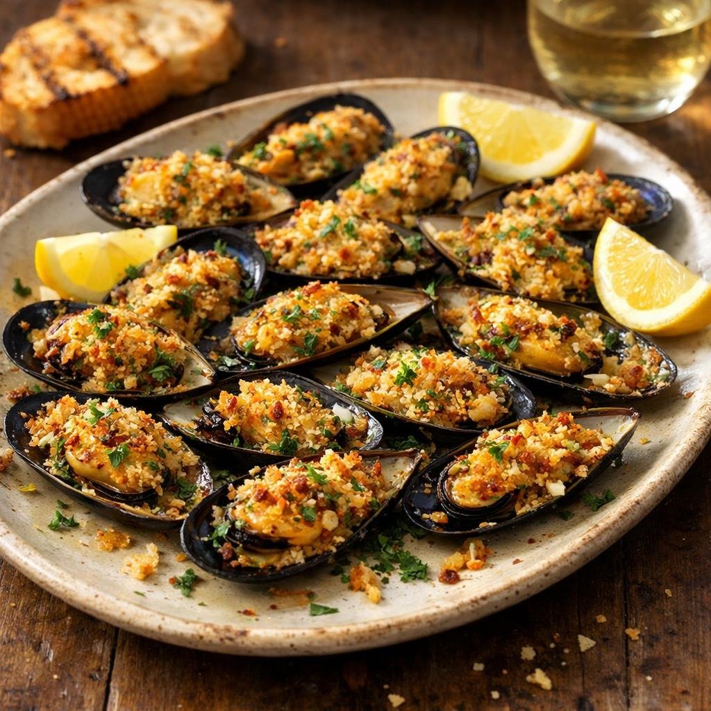 Moules gratinées bruschetta