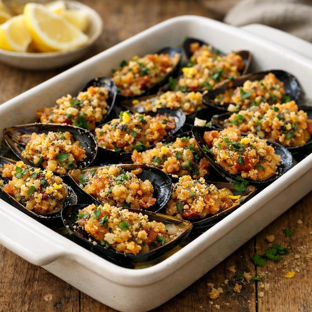 Moules gratinées crumble