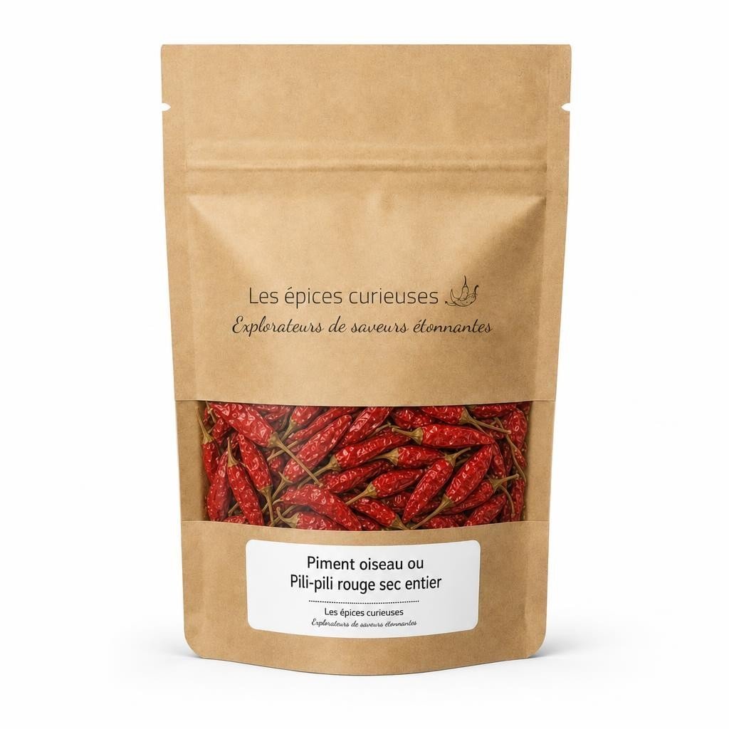Piment oiseau ou Pili-pili rouge sec entier - Packaging - Les Épices Curieuses