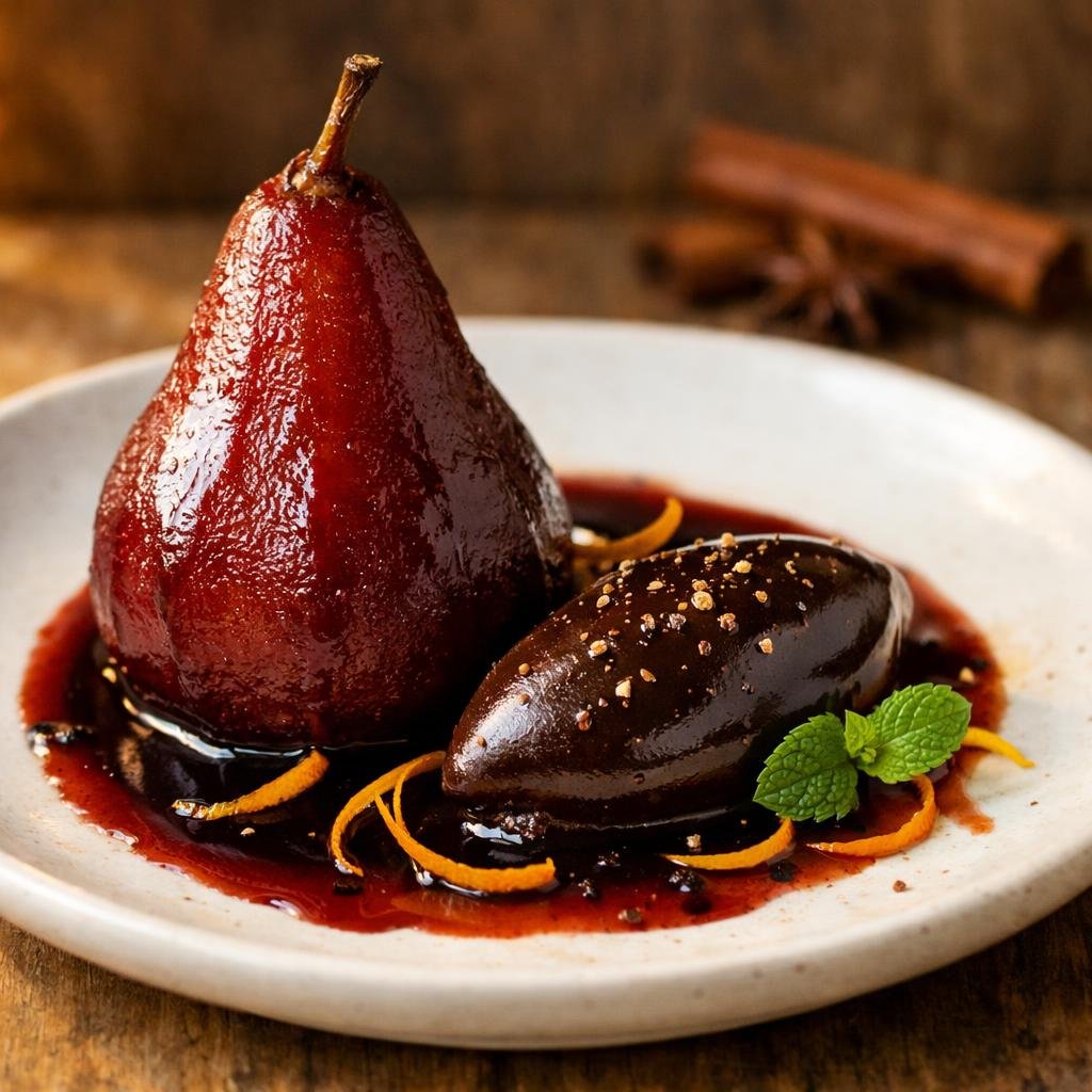 Poire pochée au vin