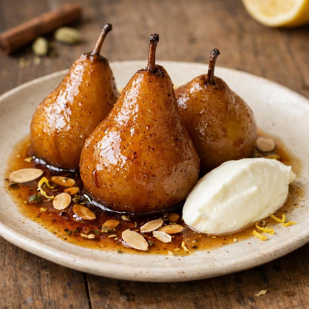 Poires pochées au thé noir
