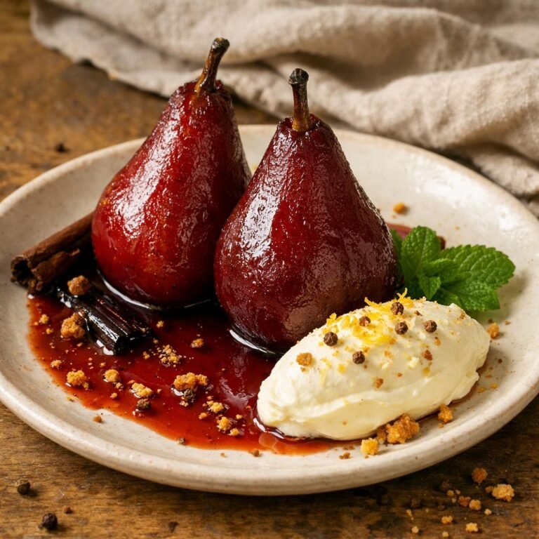 Poires pochées au vin rouge