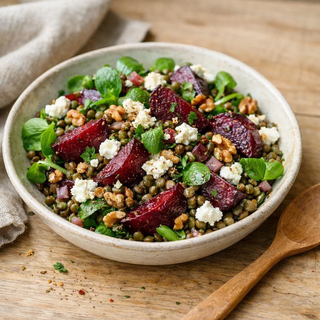 Salade tiède de lentilles, betteraves rôties et Assemblage Courgette en fête