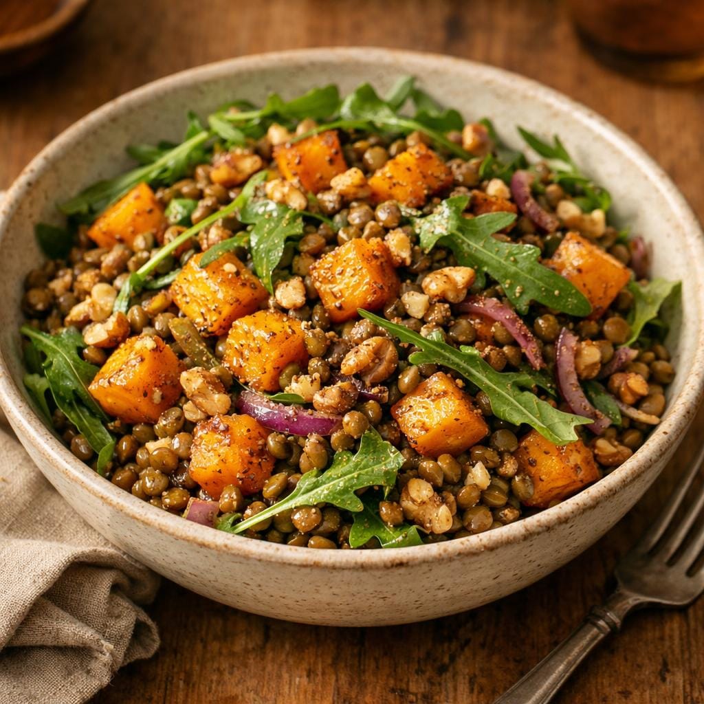 Salade tiède lentilles butternut rôti et noix