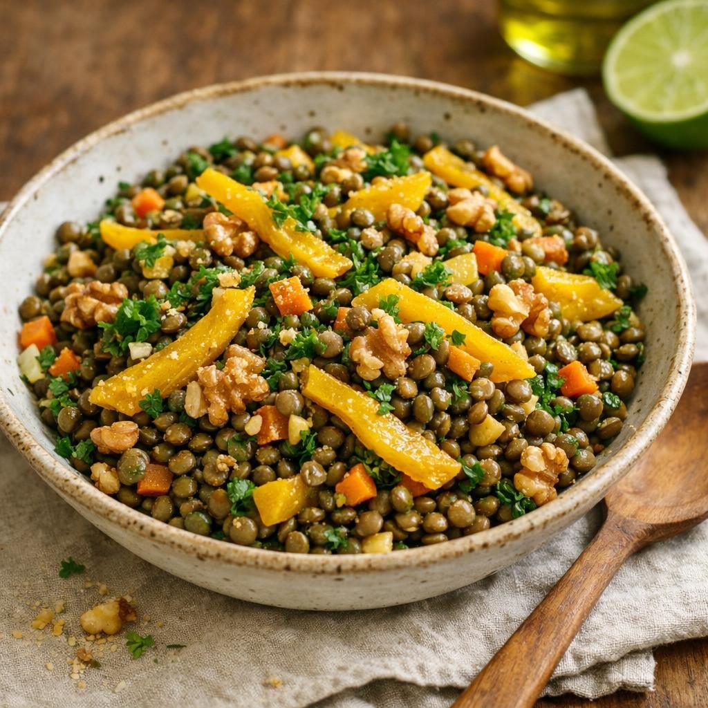 Salade tiède lentilles mangue