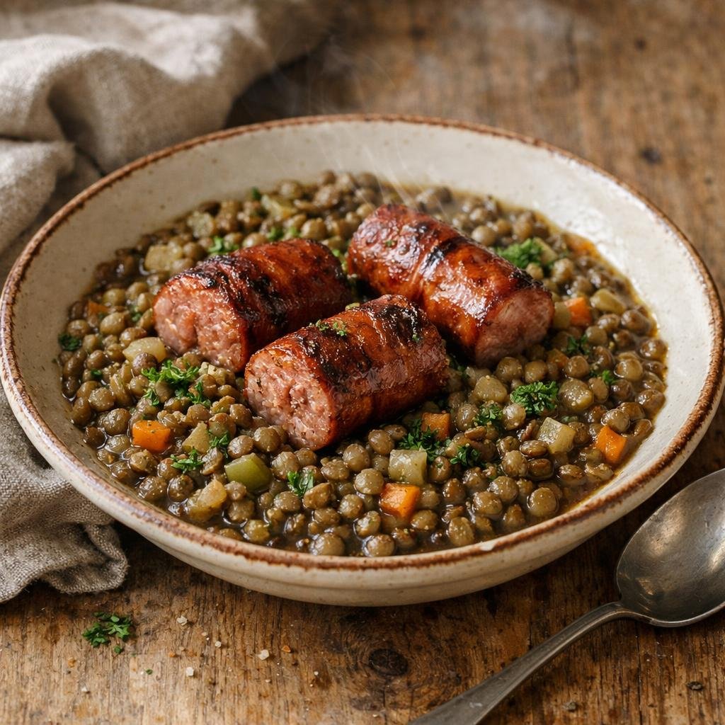 Saucisses et lentilles muscade