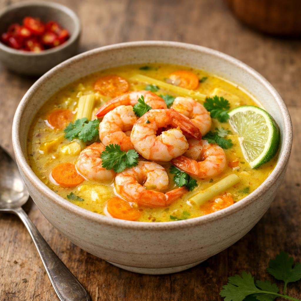 Soupe coco‑curcuma crevettes