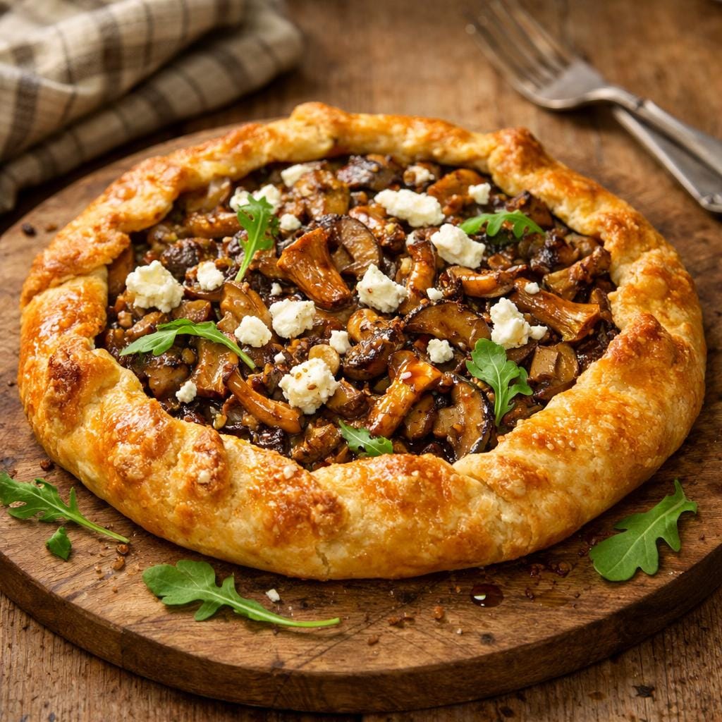 Tarte rustique aux champignons sauvages, chèvre frais et huile d&rsquo;oignon fumé