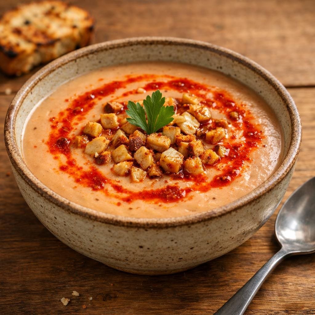 Velouté de panais et céleri‑rave, huile au paprika épicé et éclats de châtaigne