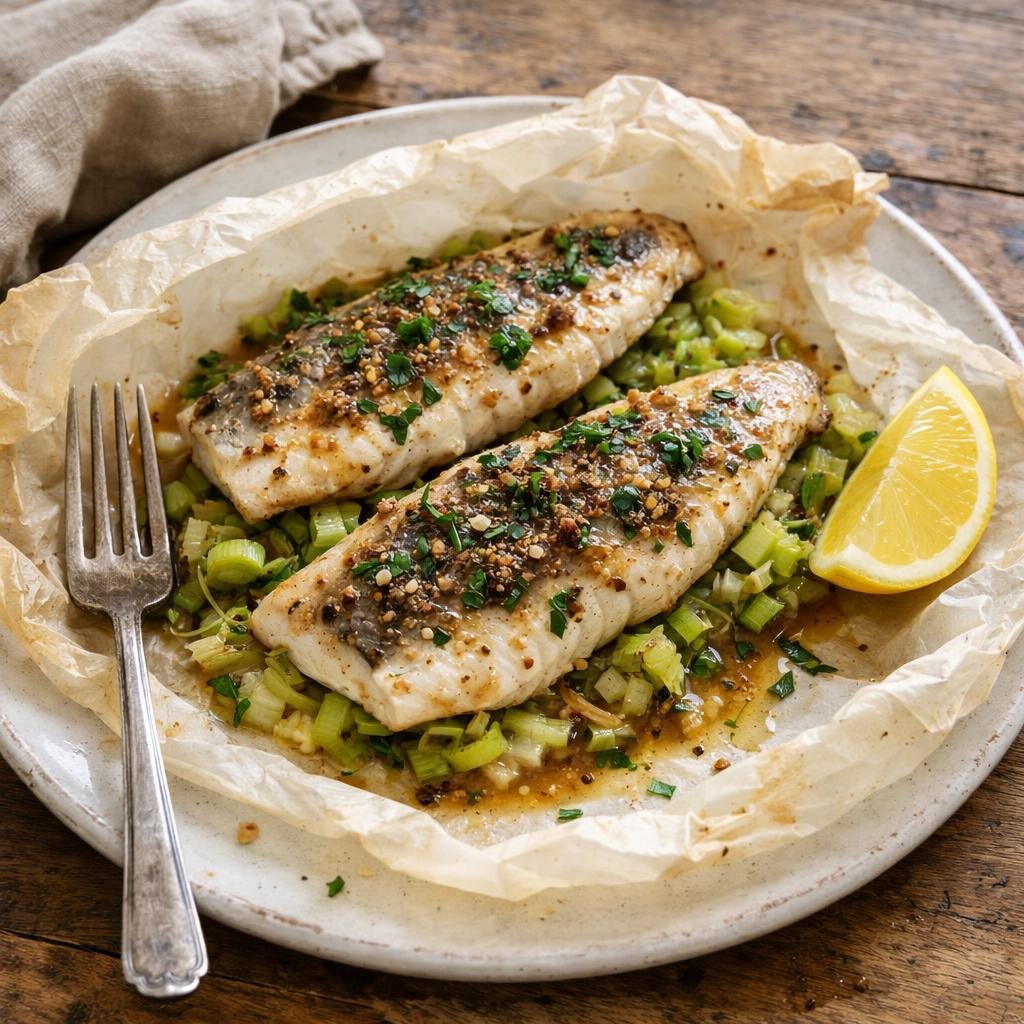 bar en papillote poireaux