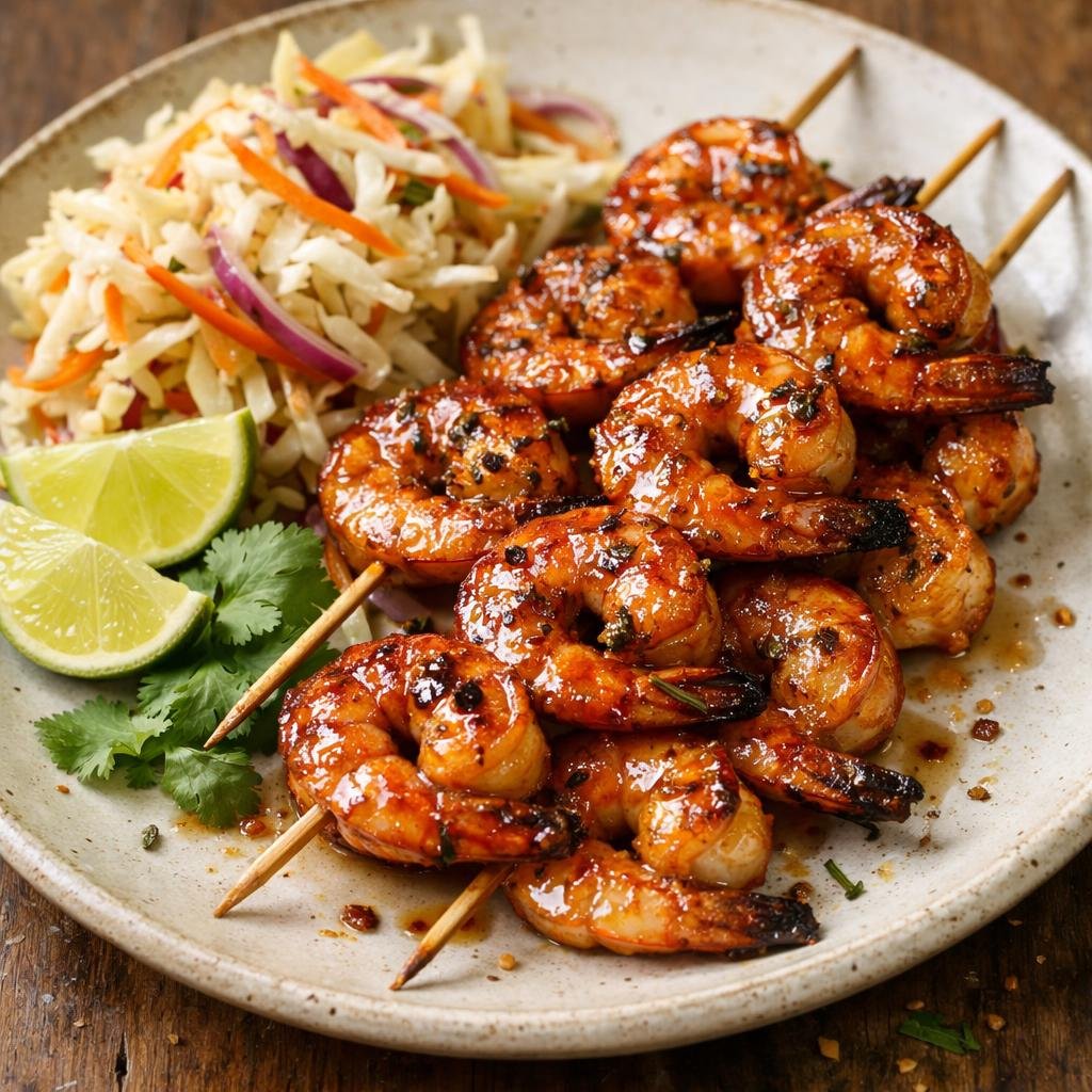 brochettes de crevettes laquées
