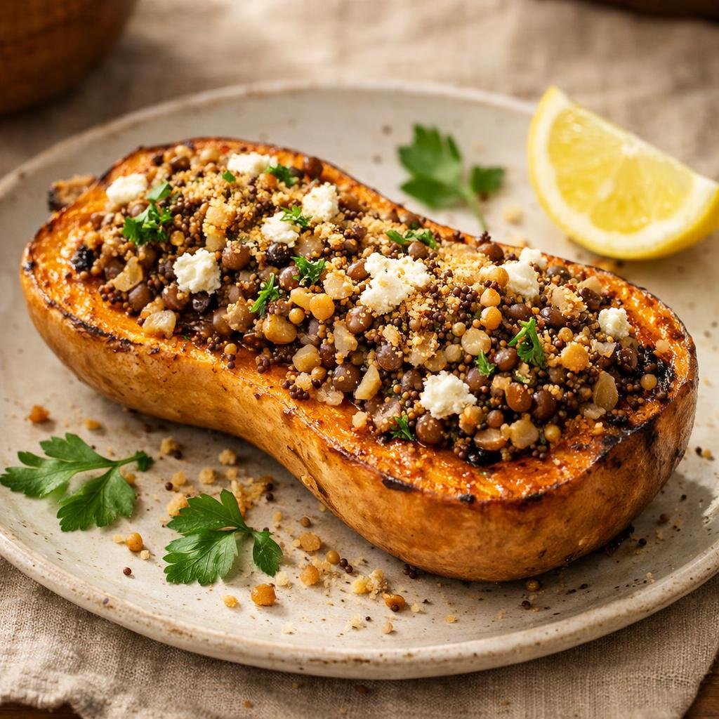 Butternut farci quinoa‑lentilles