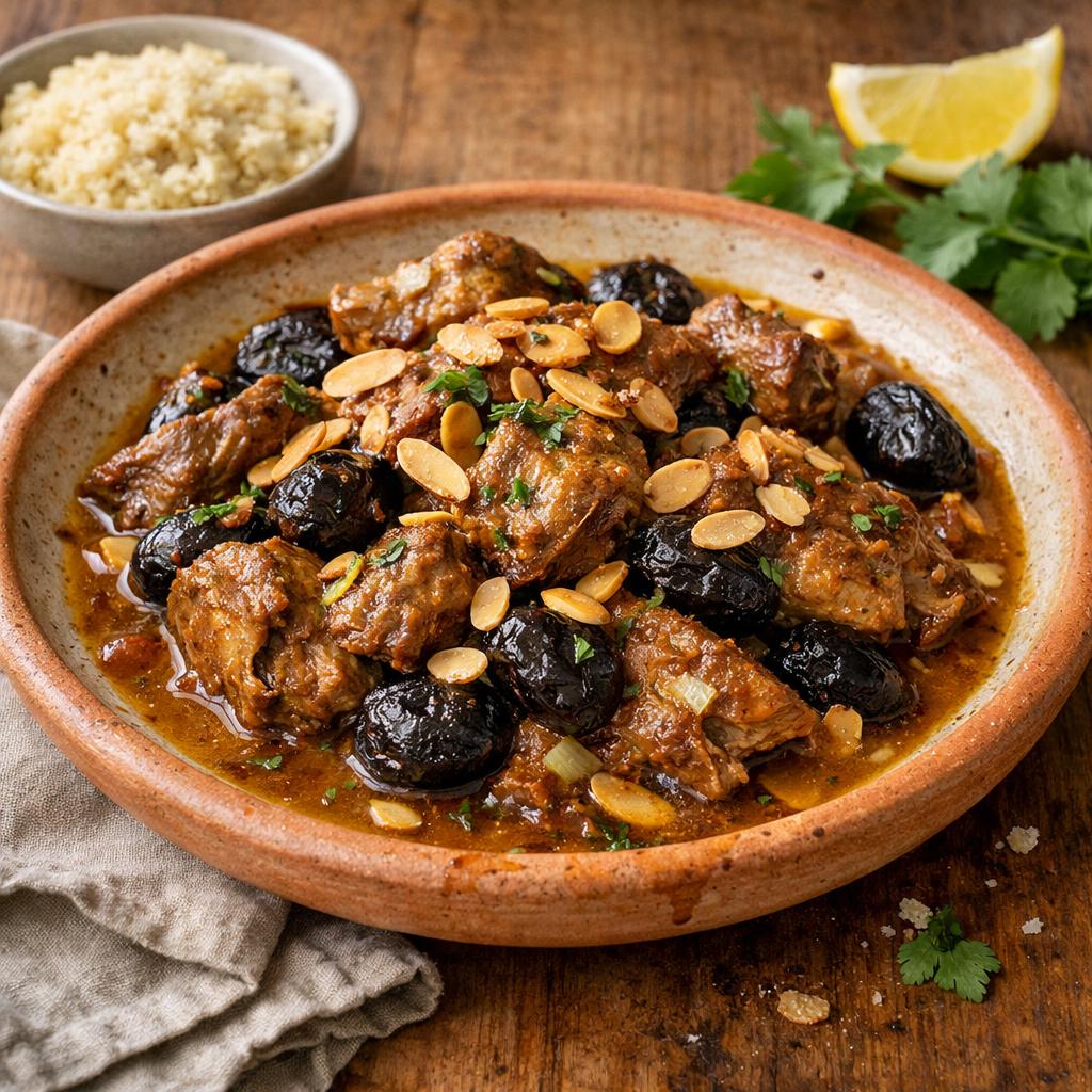Épaule d&rsquo;agneau tajine confite aux pruneaux et amandes