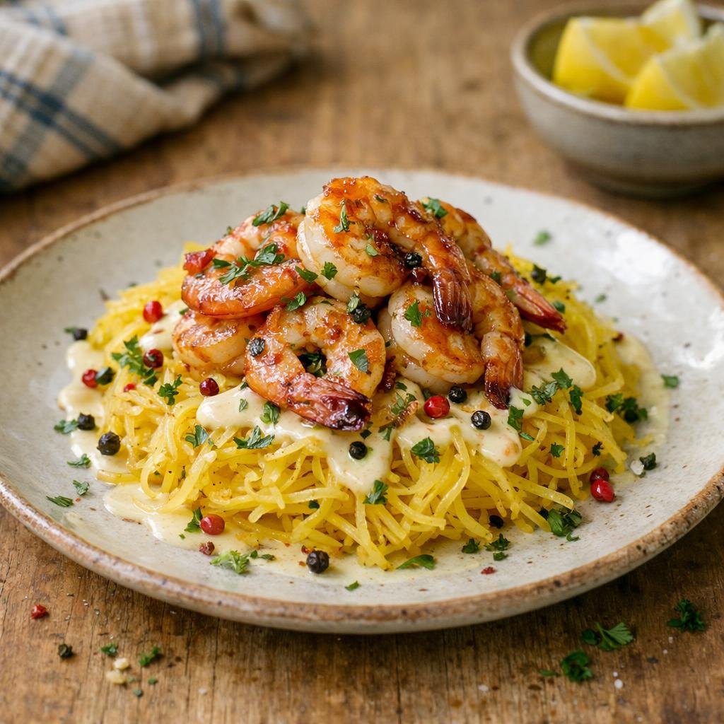 Gambas rôties et spaghetti