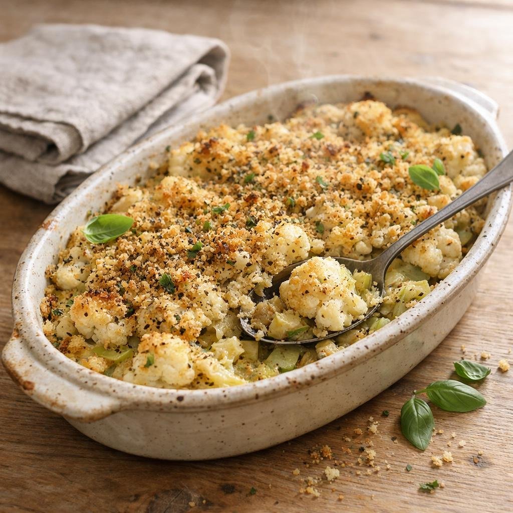 Gratin chou‑fleur poireaux