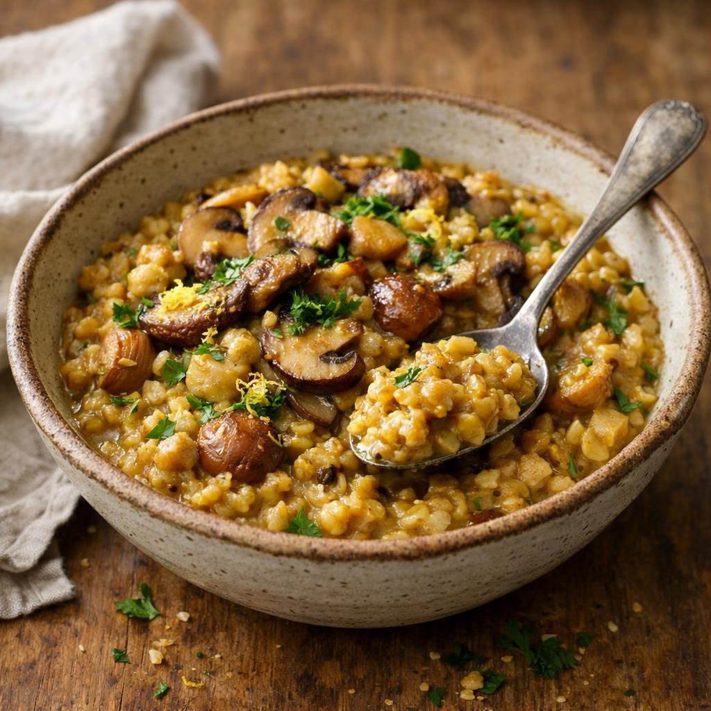 Kasha façon risotto au Curry Breton, champignons et châtaignes