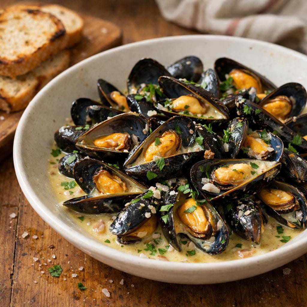 Moules au cidre, crème et finition Sel des Incas