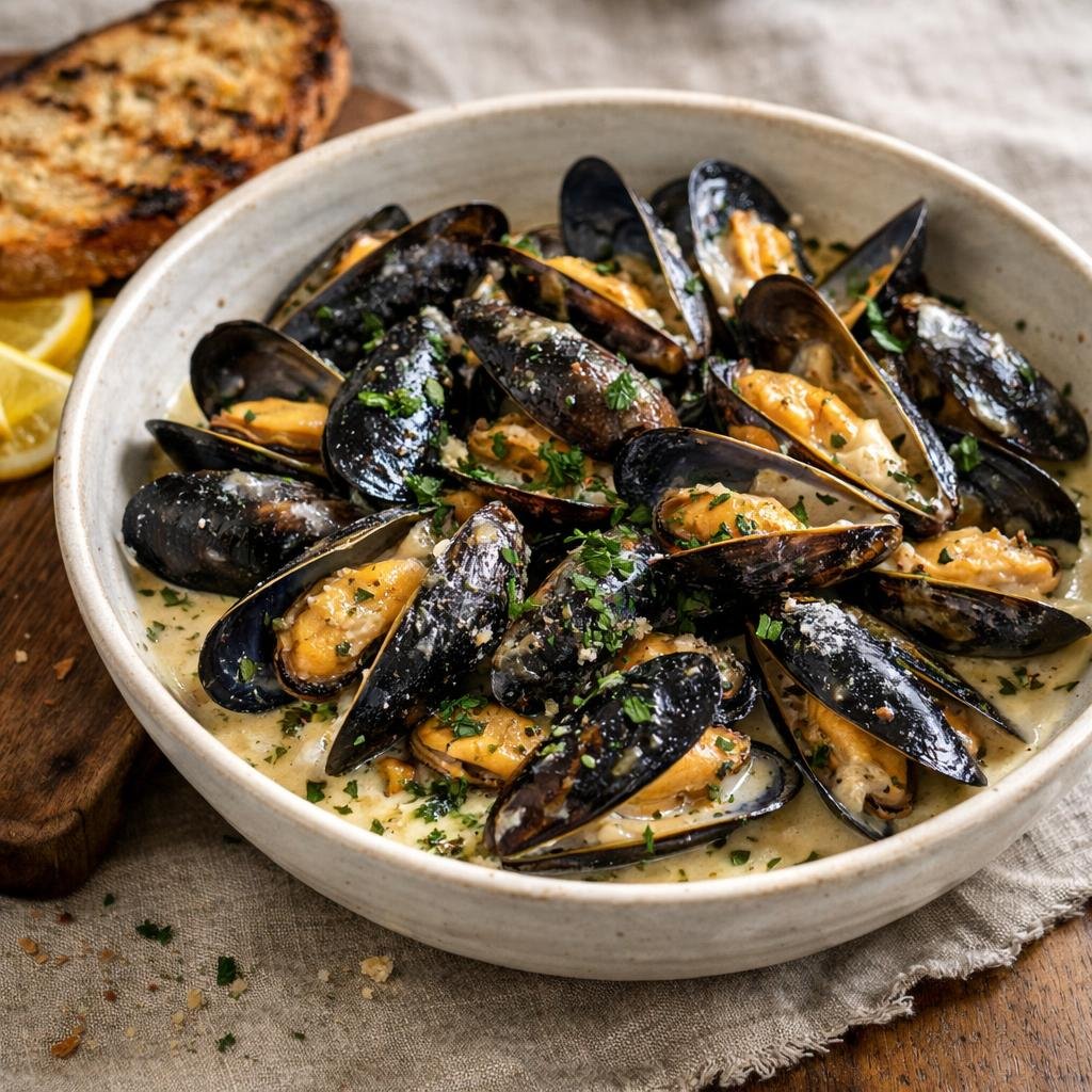 Moules au cidre basilic