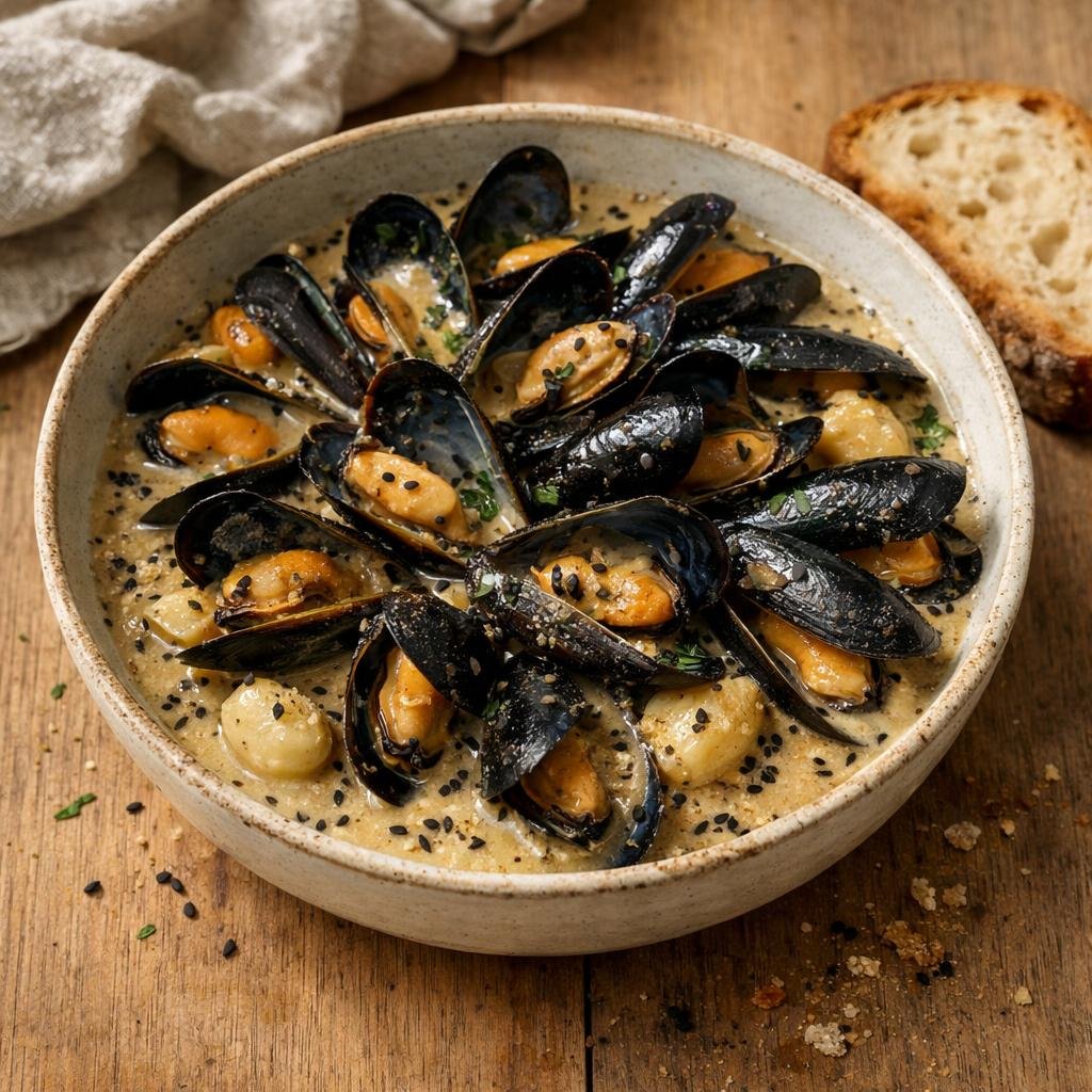 Moules au sésame noir