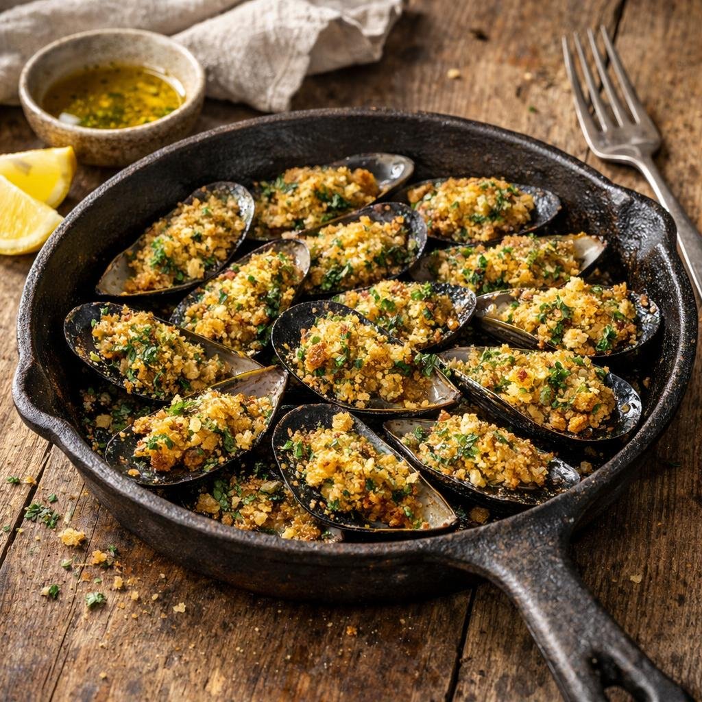 Moules gratinées à la grecque
