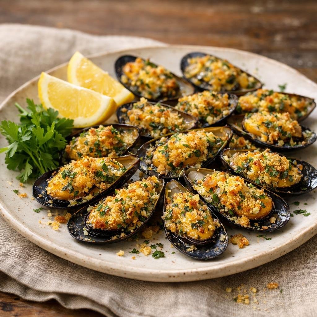 Moules gratinées au four